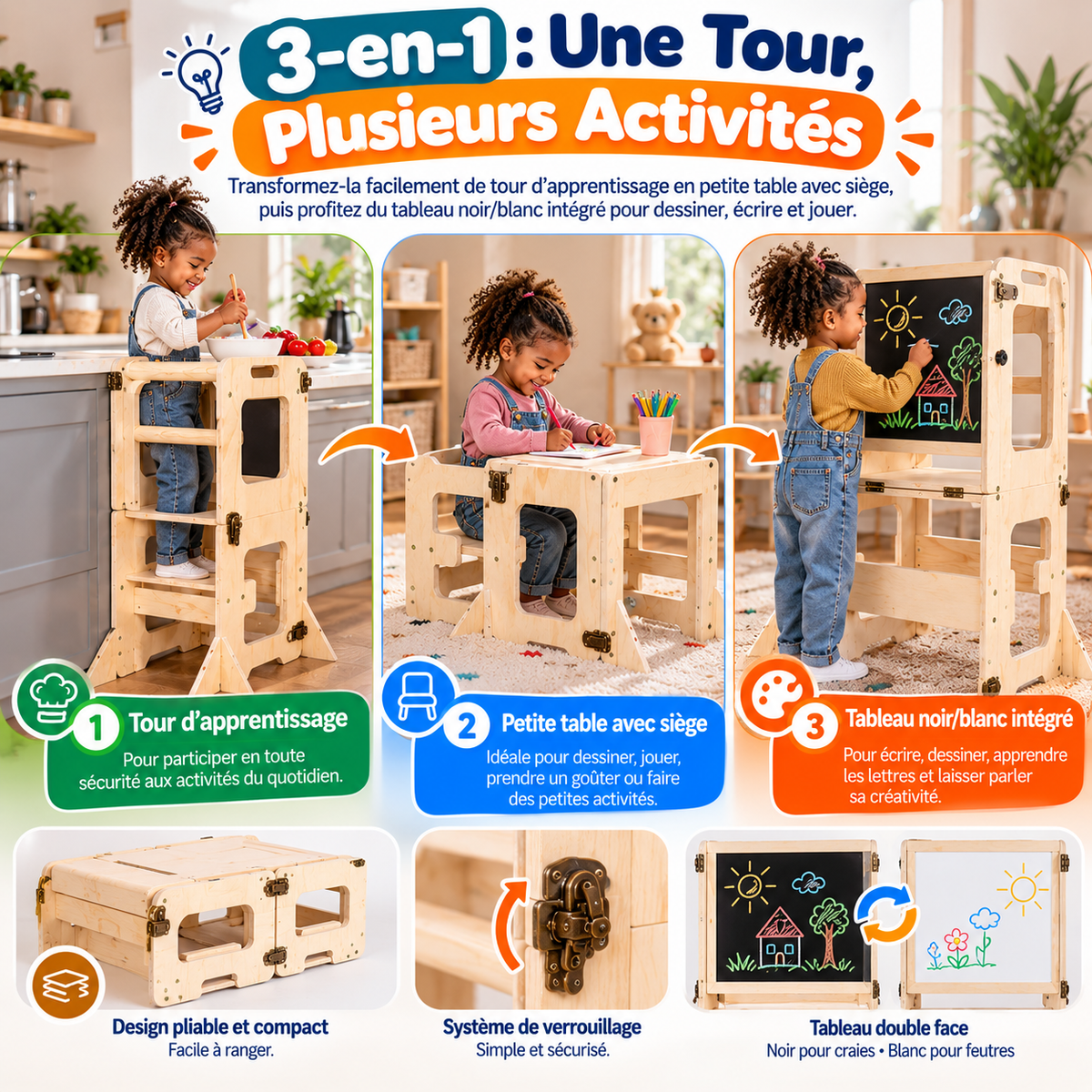 Tour d’Apprentissage Montessori 3-en-1 Pliable | 👶 Tour d’apprentissage • 🪑 Table & chaise • 🎨 Tableau créatif