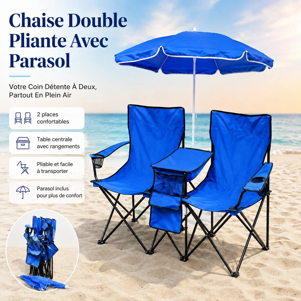 🔥DuoShade™ Chaise Double Pliable Avec Parasol | Votre Petit Salon À Ciel Ouvert