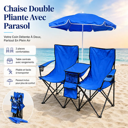 🔥DuoShade™ Chaise Double Pliable Avec Parasol | Votre Petit Salon À Ciel Ouvert