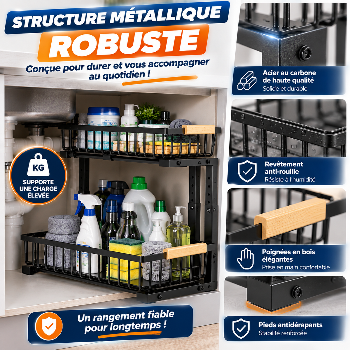 🧺 Organisateur Coulissant 2 Niveaux Sous Évier | TRANSFORMEZ L’ESPACE PERDU EN RANGEMENT PRATIQUE