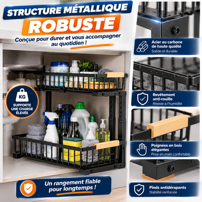 🧺 Organisateur Coulissant 2 Niveaux Sous Évier | TRANSFORMEZ L’ESPACE PERDU EN RANGEMENT PRATIQUE