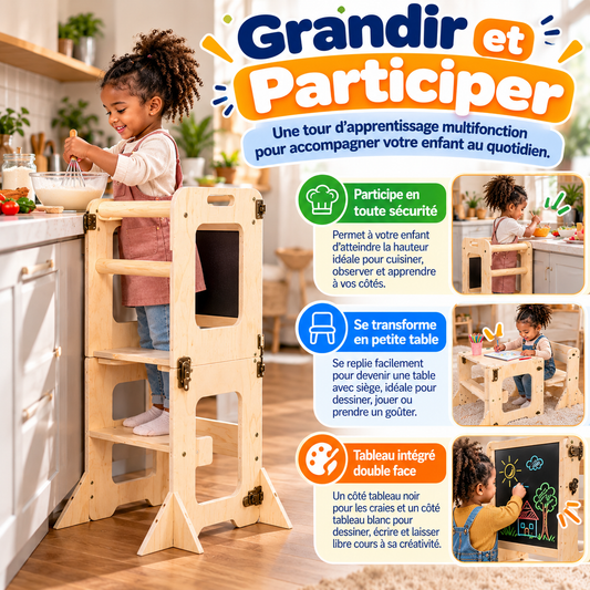 Tour d’Apprentissage Montessori 3-en-1 Pliable | 👶 Tour d’apprentissage • 🪑 Table & chaise • 🎨 Tableau créatif