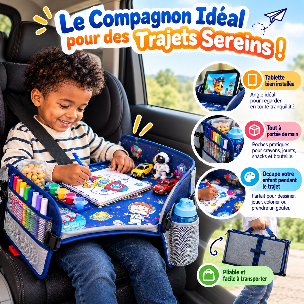 Plateau de Voyage Enfant Multifonction | Transformez Chaque Trajet en Moment de Plaisir 🚗✨
