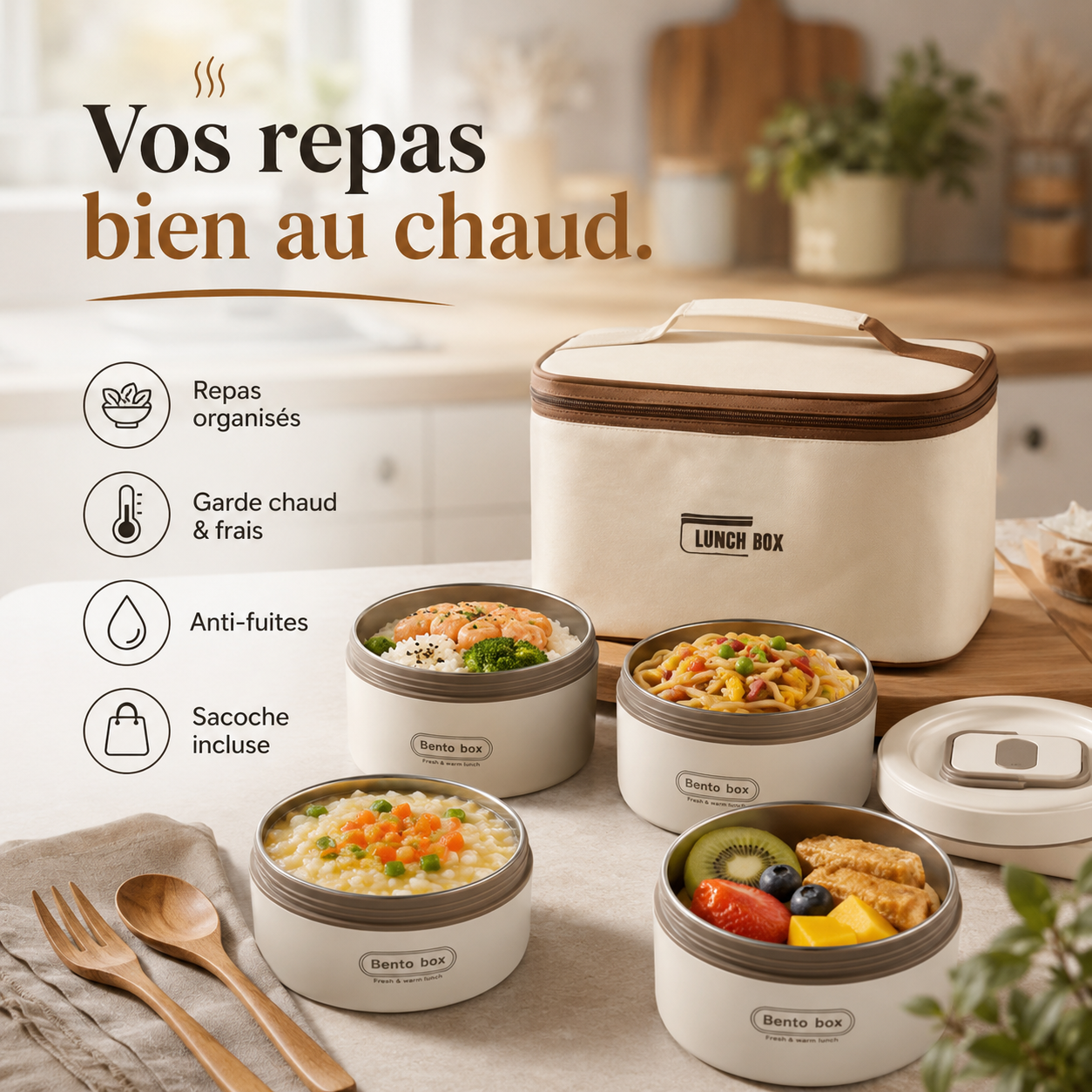 FreshBox®  Ensemble de 4 Boîtes à Lunch Isothermes avec Sac – Repas Frais & Organisation Parfaite