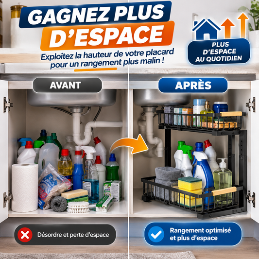 🧺 Organisateur Coulissant 2 Niveaux Sous Évier | TRANSFORMEZ L’ESPACE PERDU EN RANGEMENT PRATIQUE