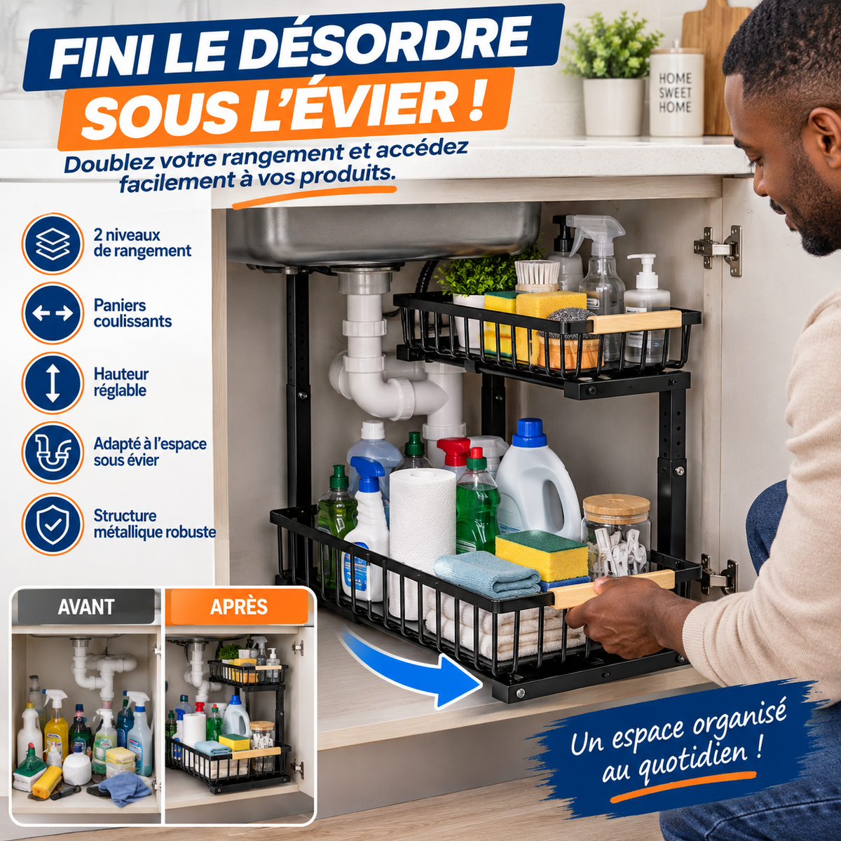 🧺 Organisateur Coulissant 2 Niveaux Sous Évier | TRANSFORMEZ L’ESPACE PERDU EN RANGEMENT PRATIQUE