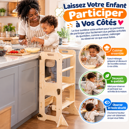 Tour d’Apprentissage Montessori 3-en-1 Pliable | 👶 Tour d’apprentissage • 🪑 Table & chaise • 🎨 Tableau créatif