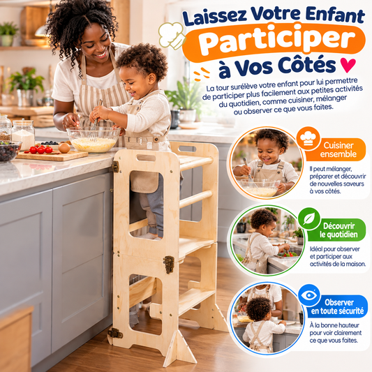 Tour d’Apprentissage Montessori 3-en-1 Pliable | 👶 Tour d’apprentissage • 🪑 Table & chaise • 🎨 Tableau créatif