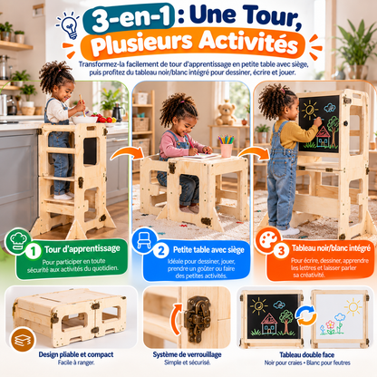 Tour d’Apprentissage Montessori 3-en-1 Pliable | 👶 Tour d’apprentissage • 🪑 Table & chaise • 🎨 Tableau créatif