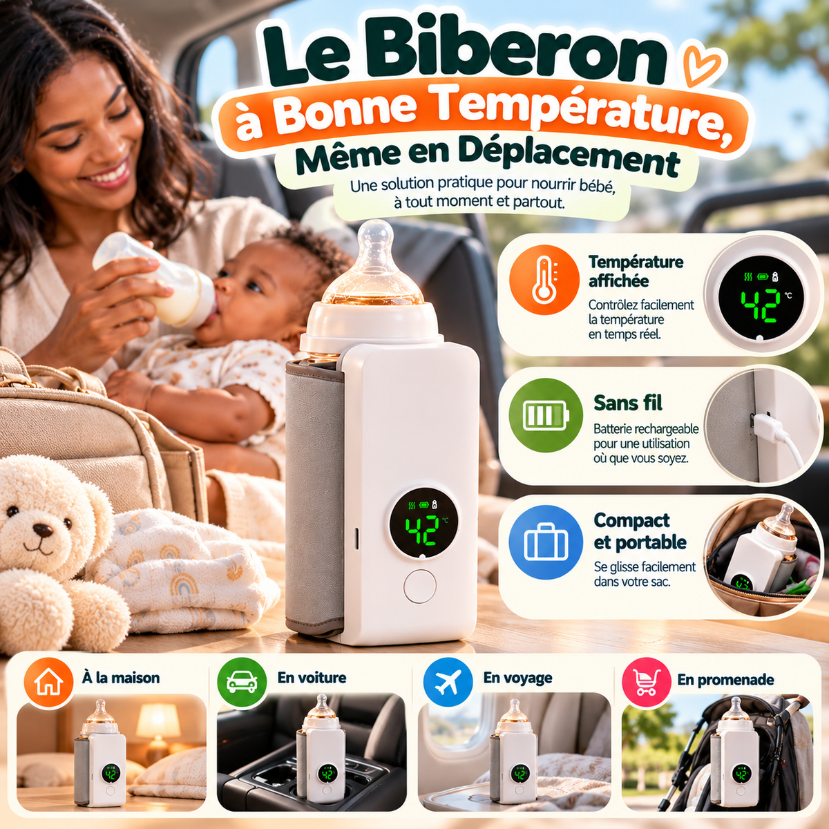 🍼 Chauffe-Biberon Portable Sans Fil | 🌡️ LE BIBERON À BONNE TEMPÉRATURE, OÙ QUE VOUS SOYEZ