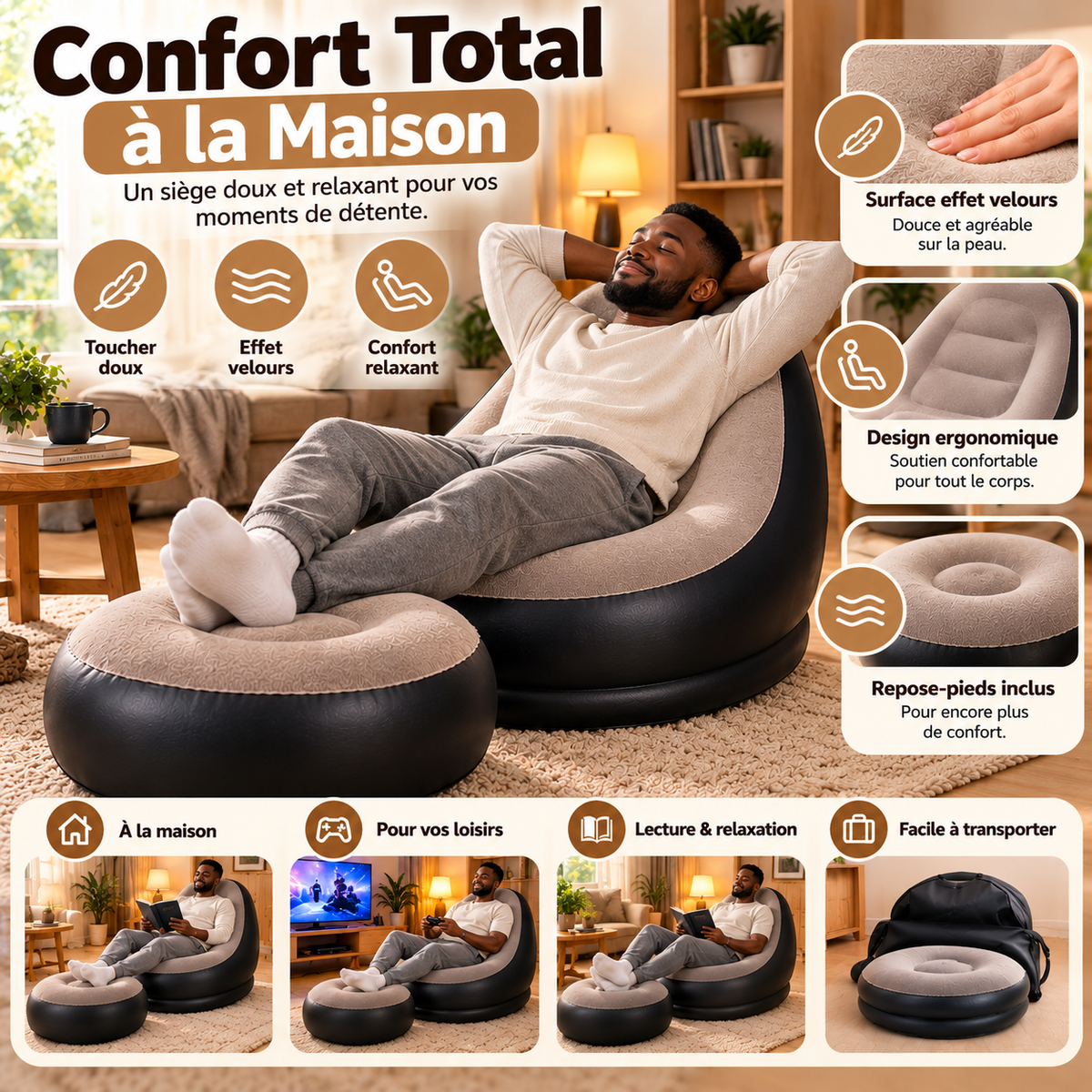 Fauteuil Gonflable avec Repose-Pieds – Détente à Domicile